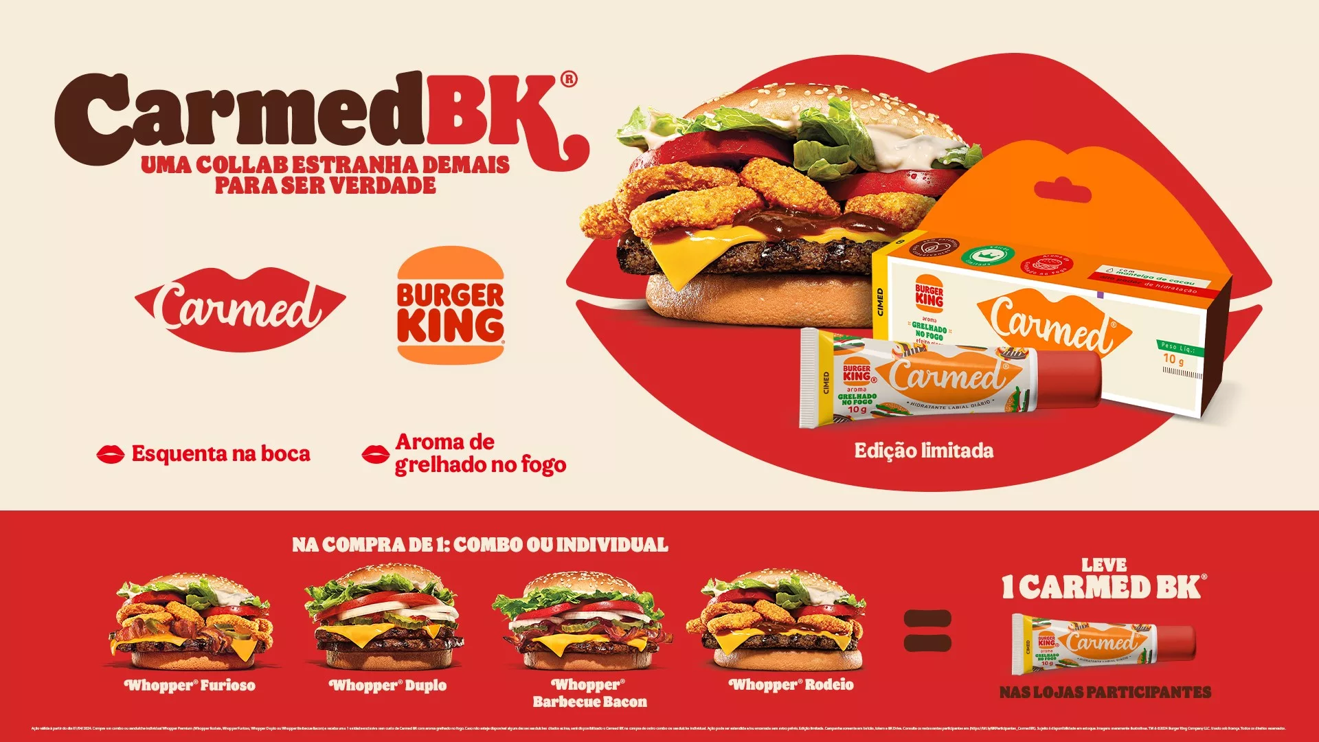 Carmed e Burger King lançam hidratante labial inusitado em parceria real, no Dia da Mentira