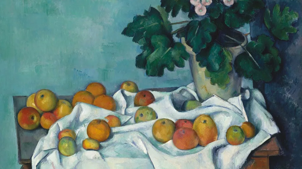 “Natureza morta com maçãs e um pote de prímulas” (ca. 1890) de Paul Cézanne