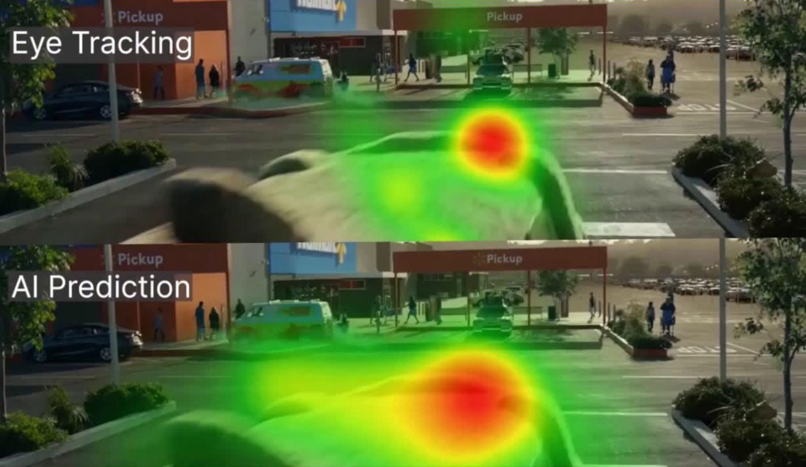 A imagem superior indica o resultado do rastreamento ocular. A inferior demonstra um resultado semelhante, desta vez obtido pela IA preditiva (Foto: Divulgação/Neurons | Neurowits)